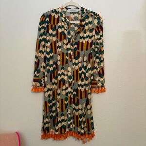 NWOT T-bags Geometric Print Button down dress with Tassel Trim size S